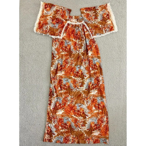 Vintage 70s Psychedelic Maxi Slip Dress Womens Medium English Tea Scene Print - Picture 1 of 16